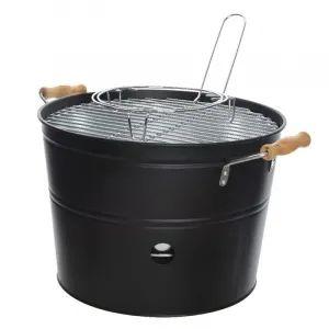 Kaemingk Grilleimer mattschwarz 33 cm mit Grillrost Eisen Eimer mit Holzgriffen mobiler Grill