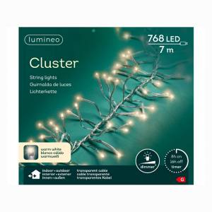 Lumimeo 494698 LED Cluster Lichterkette 7 Meter 768 warmweisse LED klares Kabel Aussenlicht Timer und Dimmer