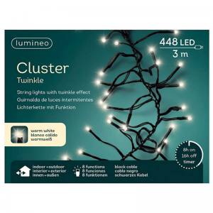 Lumimeo 494718 LED Cluster Twinkle Lichterkett 3 Meter 448 warmweisse LED schwarzes Kabel Aussenlicht Timer und Controller