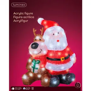 Lumineo 491268 LED Acryl Weihnachtsmann mit Rentier 40 cm Timer 80 LED Aussen Figur