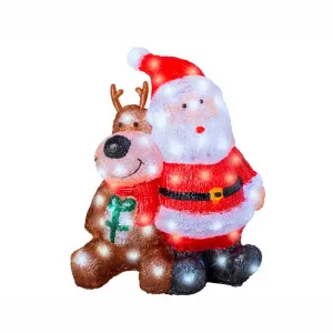 Lumineo 491268 LED Acryl Weihnachtsmann mit Rentier 40 cm Timer 80 LED Aussen Figur