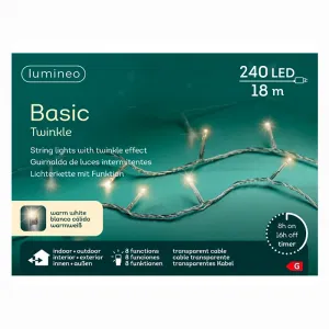 Lumineo 494176 LED Twinkle Lichterkette 18 Meter 240 warmweisse LED klares Kabel Lichtfunktionen und Timer