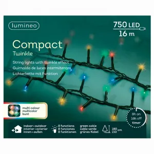 Lumineo 495366 LED Twinkle Lichterkette 16 Meter 750 bunte LED grünes Kabel Lichtfunktionen und Timer